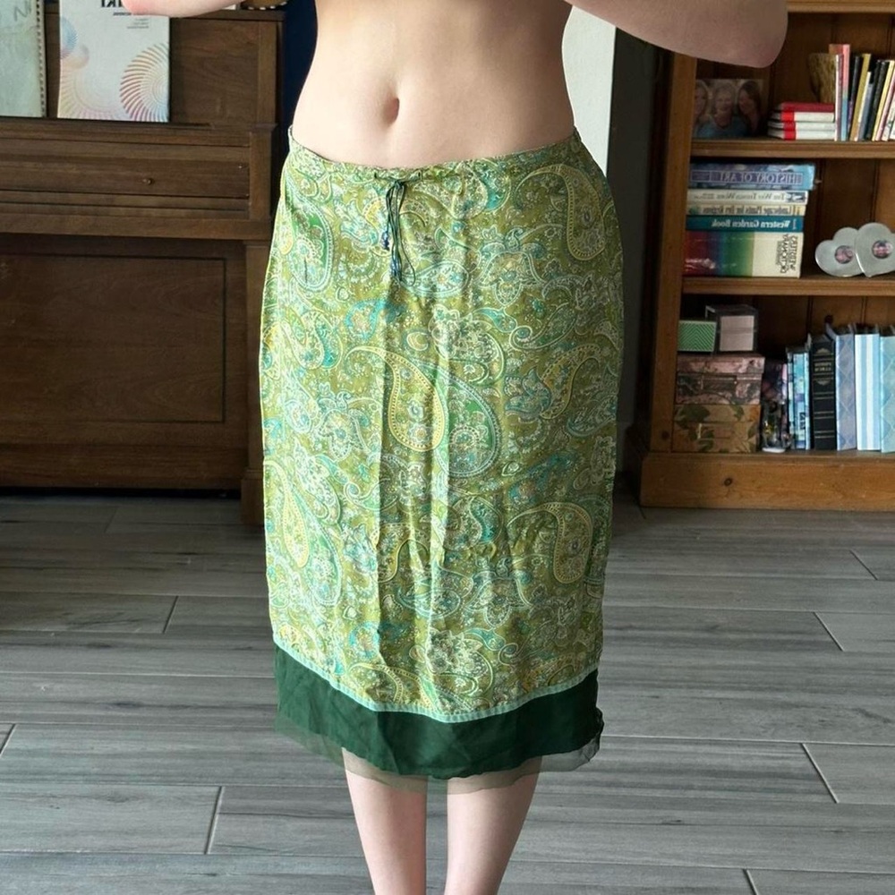 vintage 2000s express 100% silk green paisley midi skirt